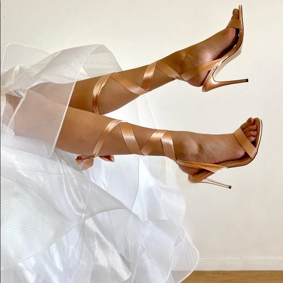 Lulus Shoes - NIB Lulu’s Size 8 Champagne Gold Satin Lace-Up Stiletto Heel Sandals